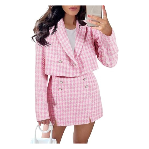Womens Cropped Tweed Blazer Sets 2 Piece Outfits and Mini Skirt